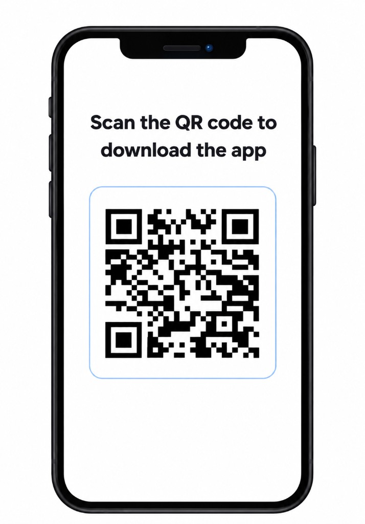 The Aarambh app on a phone, showing a QR code to download it