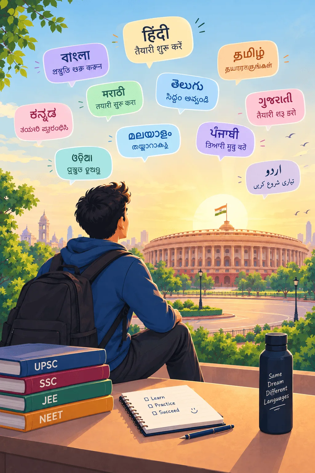 A student revising with books in many languages