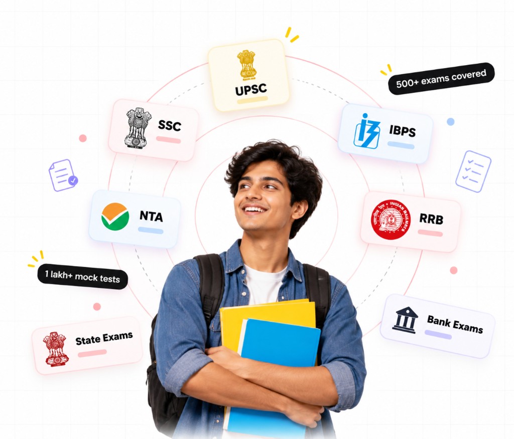 A student smiling among exam badges